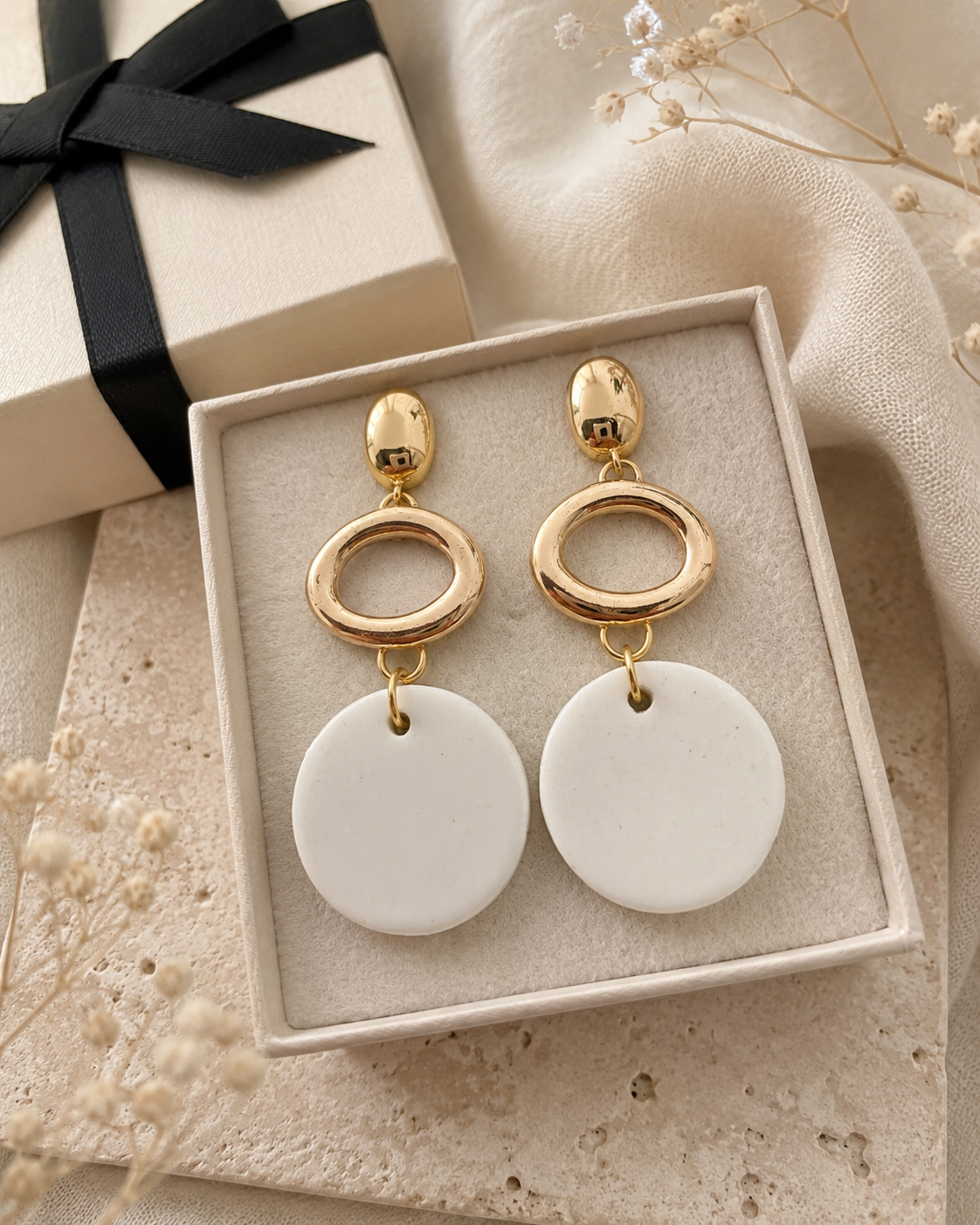 Handmade Porcelain Statement Earrings | White Porcelain & Gold Brass Earrings
