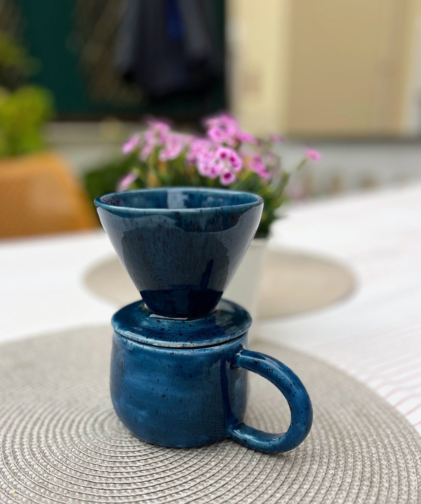 Handmade Ceramic Pour Over Coffee Dripper & Mug Set | Blue Pottery Brewer