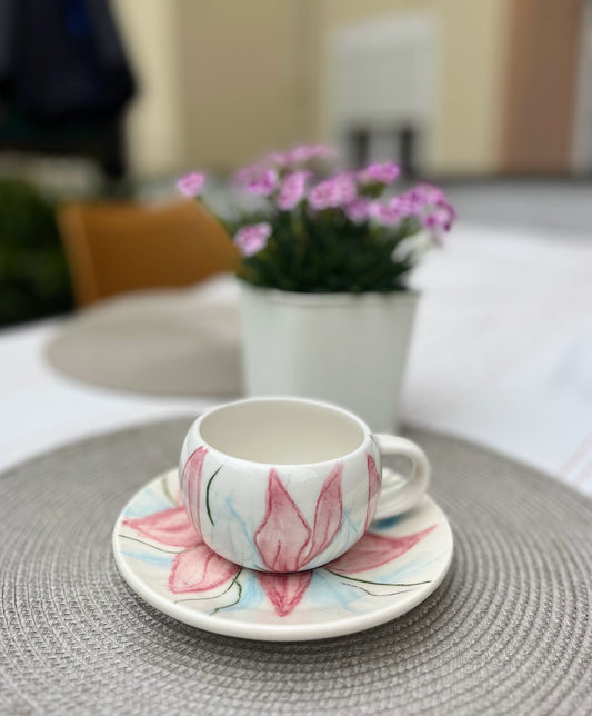 Hand-Painted Ceramic Cup and Saucer Set with Soft Pink Floral Design