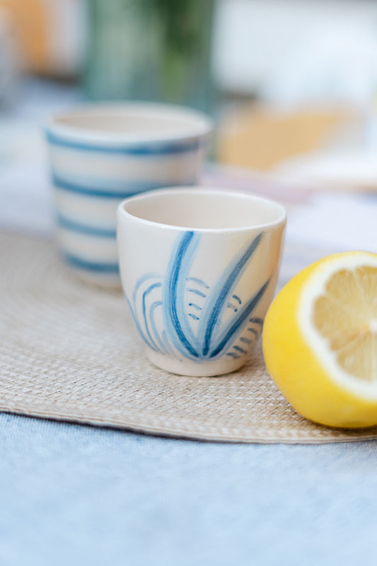 Handmade Ceramic Cup – Blue Botanical Lines