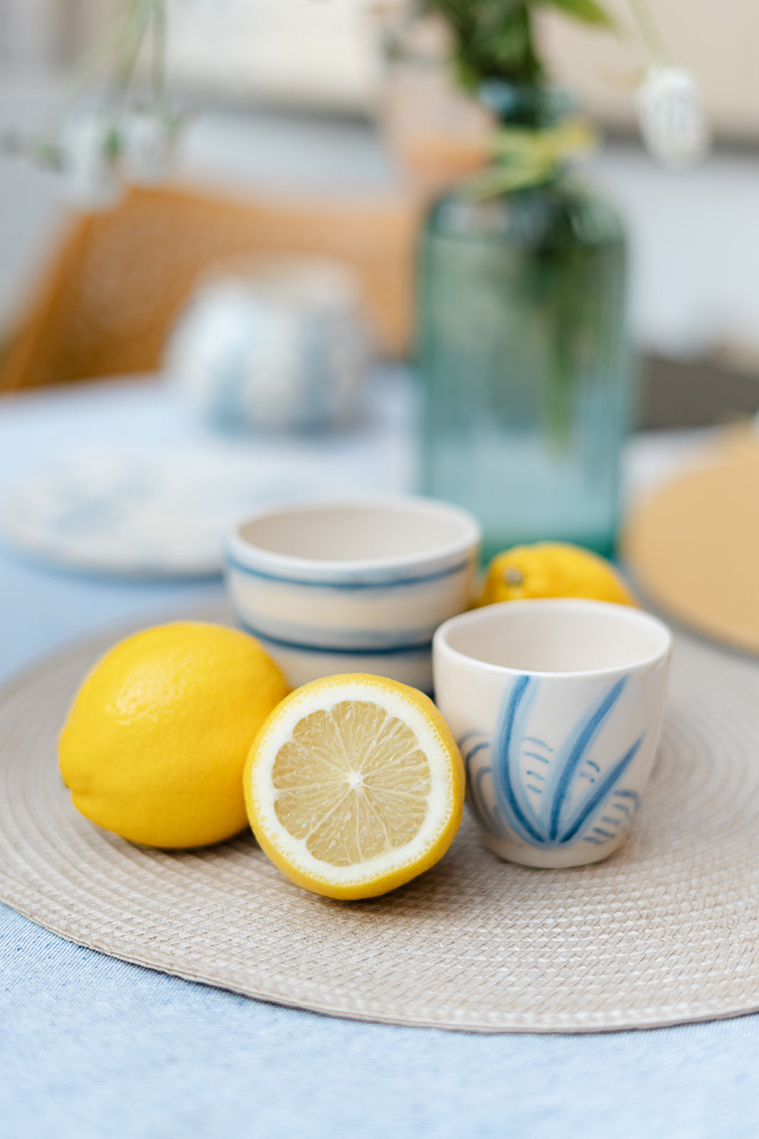 Handmade Ceramic Cup – Blue Botanical Lines