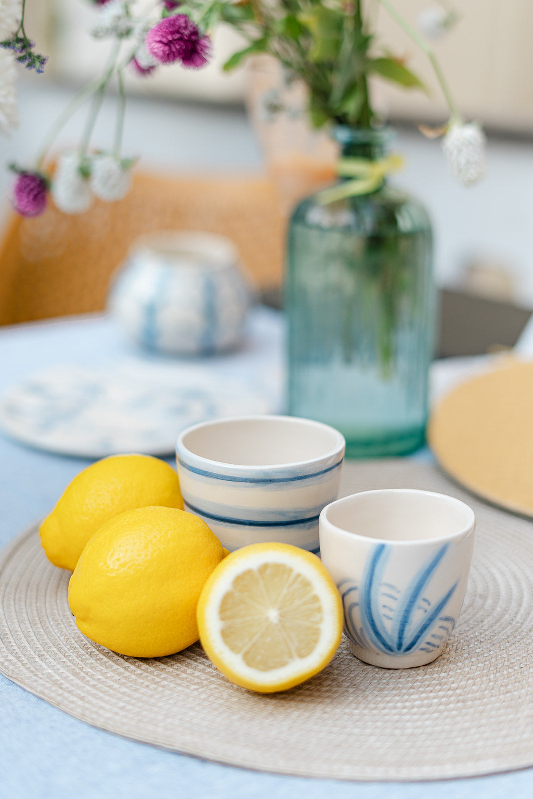 Handmade Ceramic Cup – Blue Botanical Lines