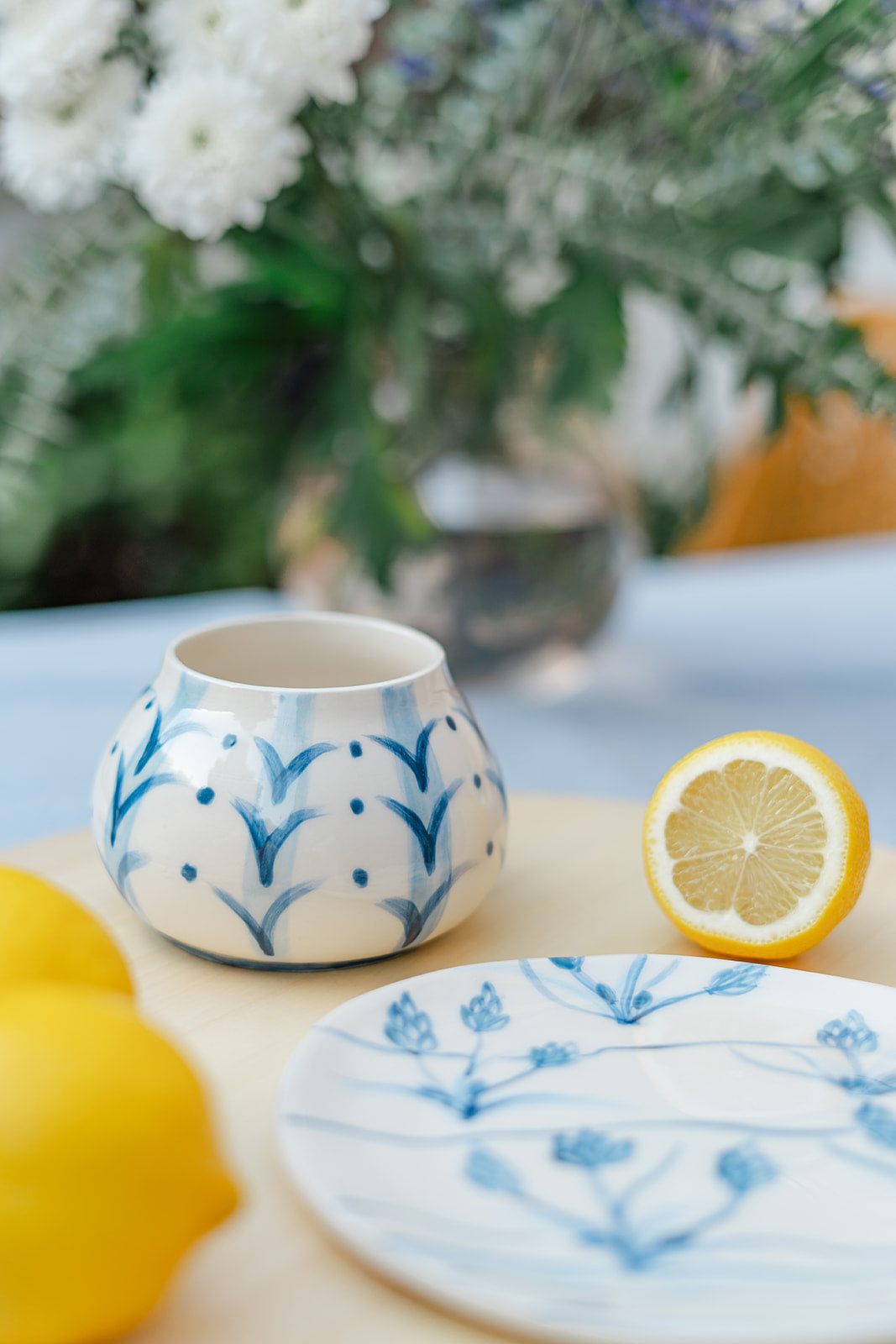 Handmade Ceramic Vase – Blue Botanical Pattern