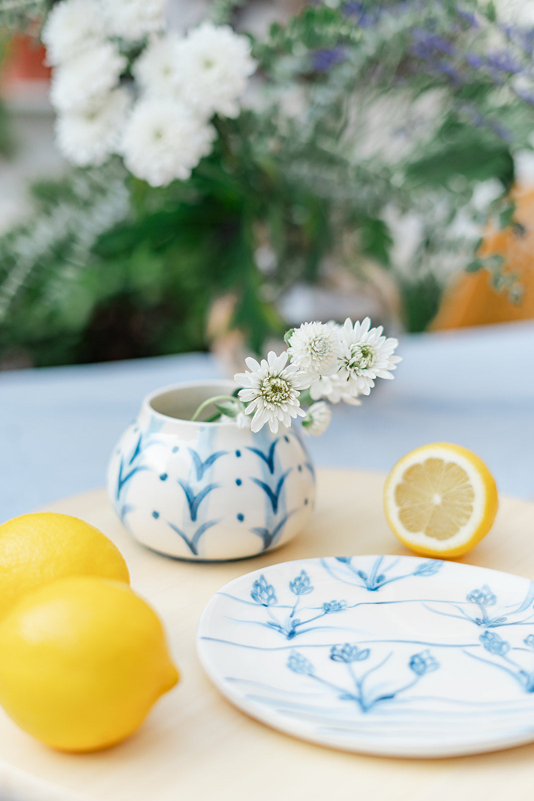 Handmade Ceramic Vase – Blue Botanical Pattern