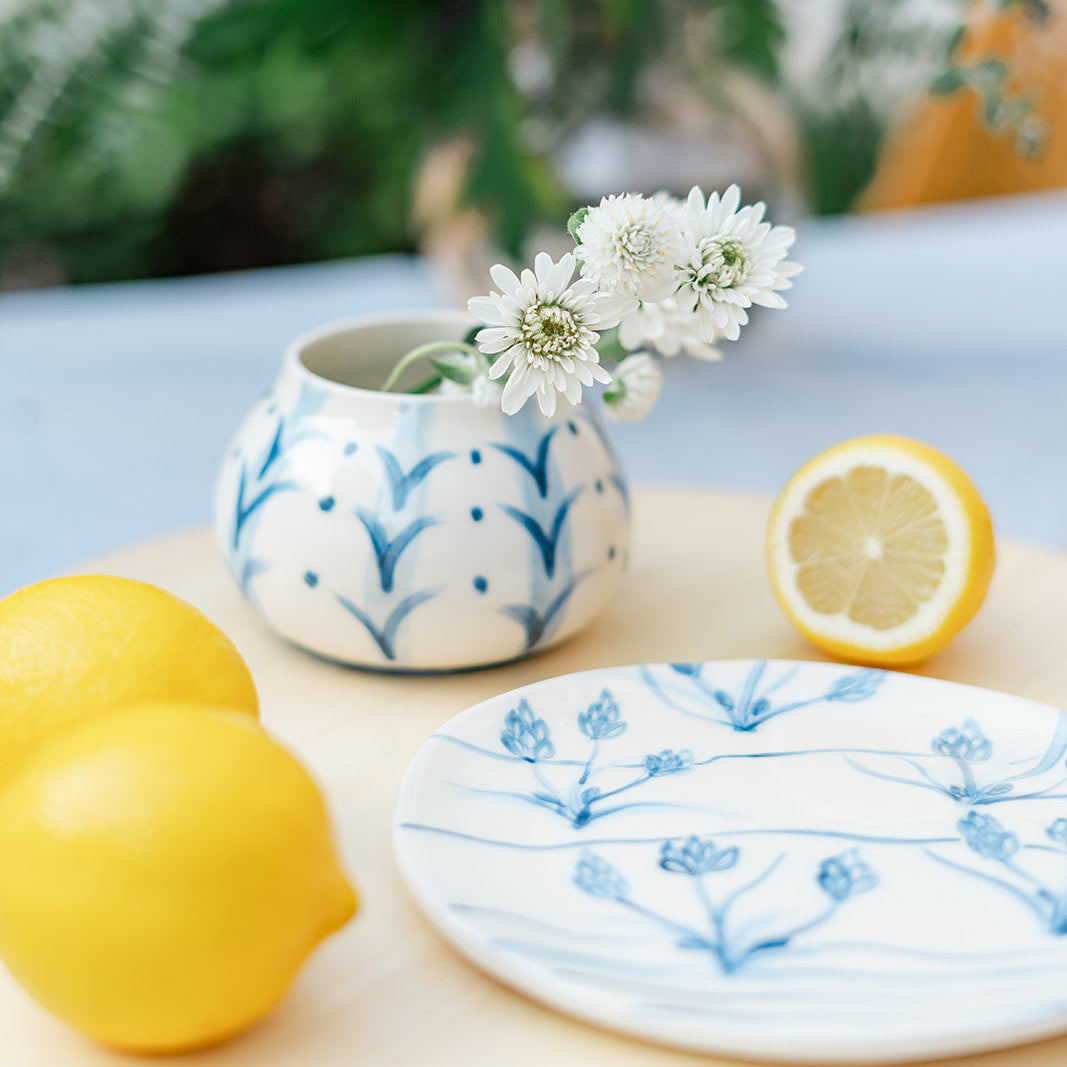 Handmade Ceramic Vase – Blue Botanical Pattern