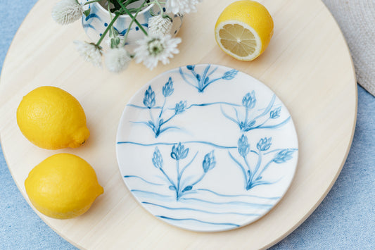 Handmade Ceramic Plate – Blue Floral Motif