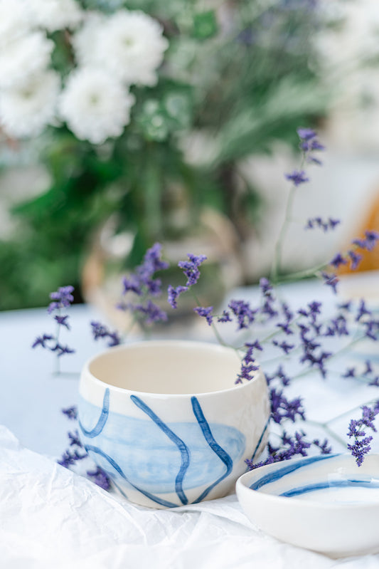 Handmade Ceramic Bowl – Blue Wave Brushstrokes