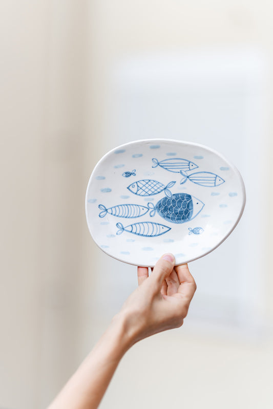 Handmade Ceramic Plate – Blue Fish Design