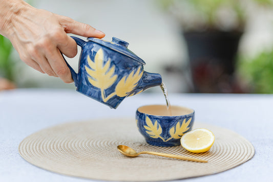 Handmade Ceramic Teapot & Cup Set – Blue & Yellow Botanical Design