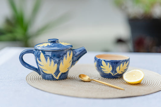 Handmade Ceramic Teapot & Cup Set – Blue & Yellow Botanical Design