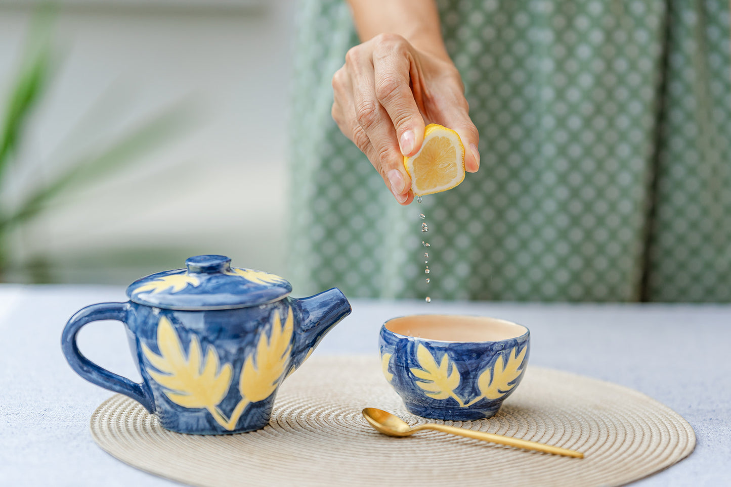 Handmade Ceramic Teapot & Cup Set – Blue & Yellow Botanical Design