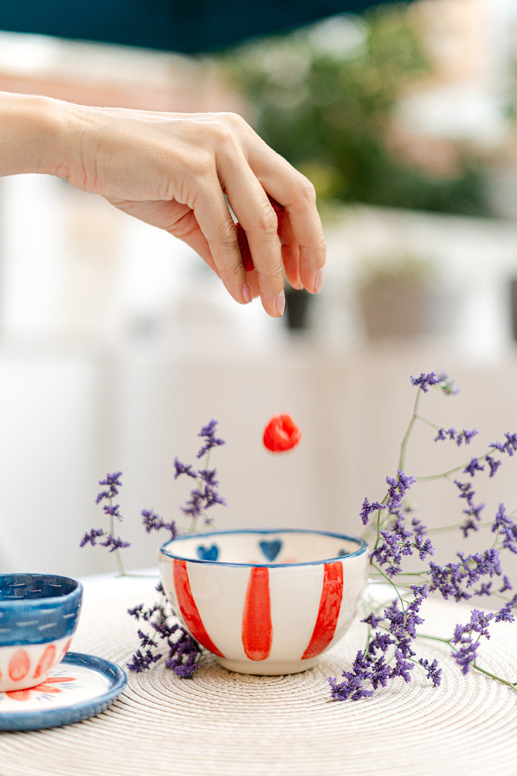 Handmade Ceramic Bowl – Red Strokes & Blue Hearts