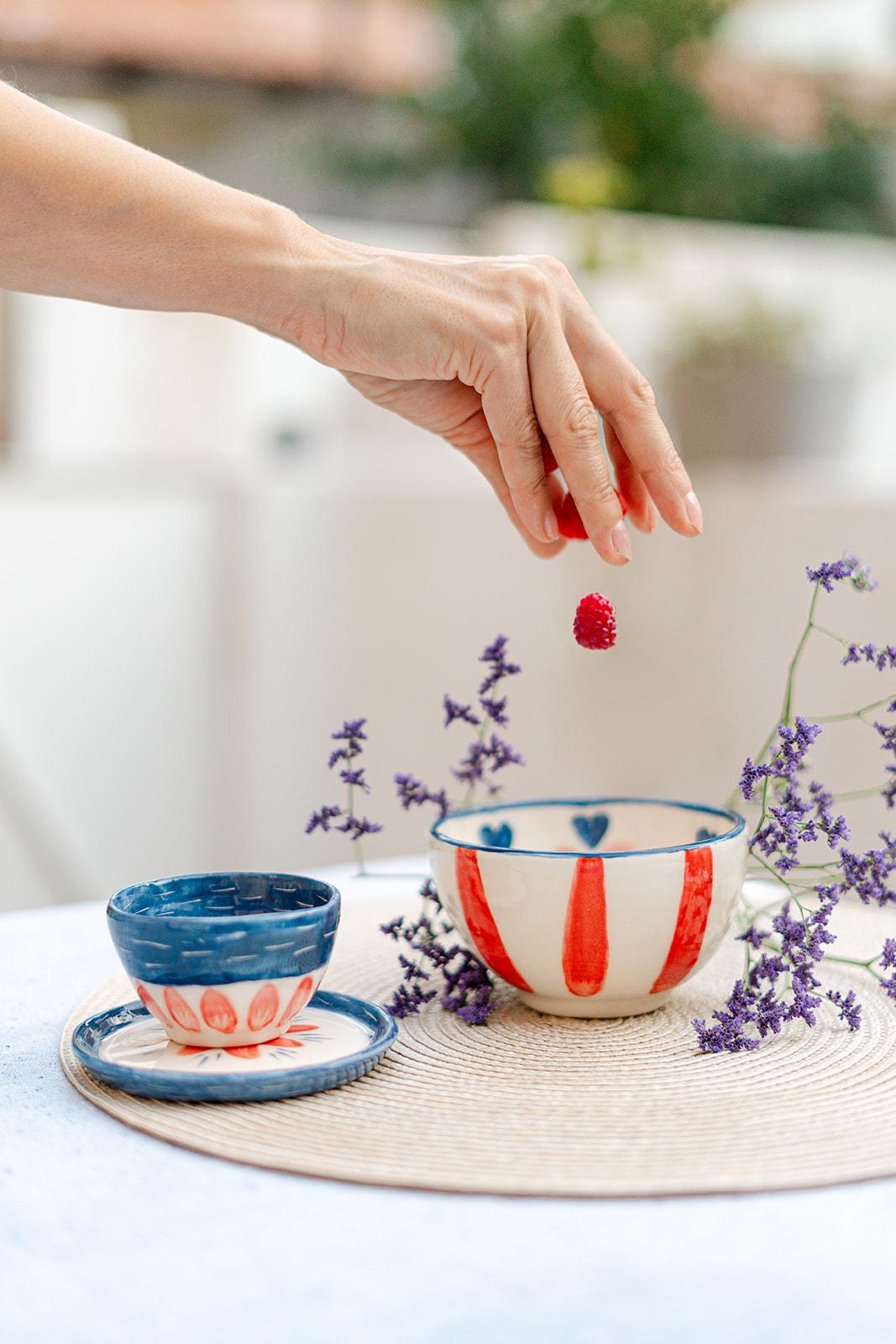 Handmade Ceramic Bowl – Red Stripes & Blue Heart Motifs, Unique Artisan Pottery