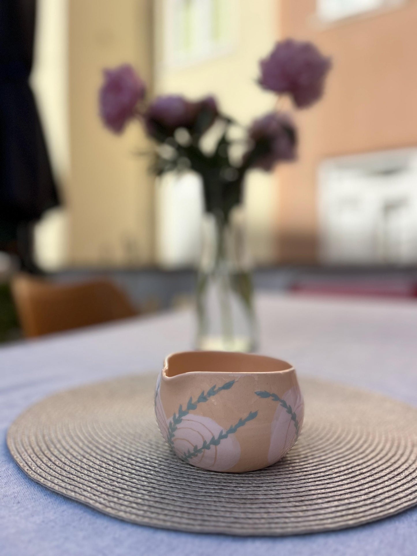 Handmade Botanical Matcha Bowl with Spout | Ceramic Pouring Tea Chawan