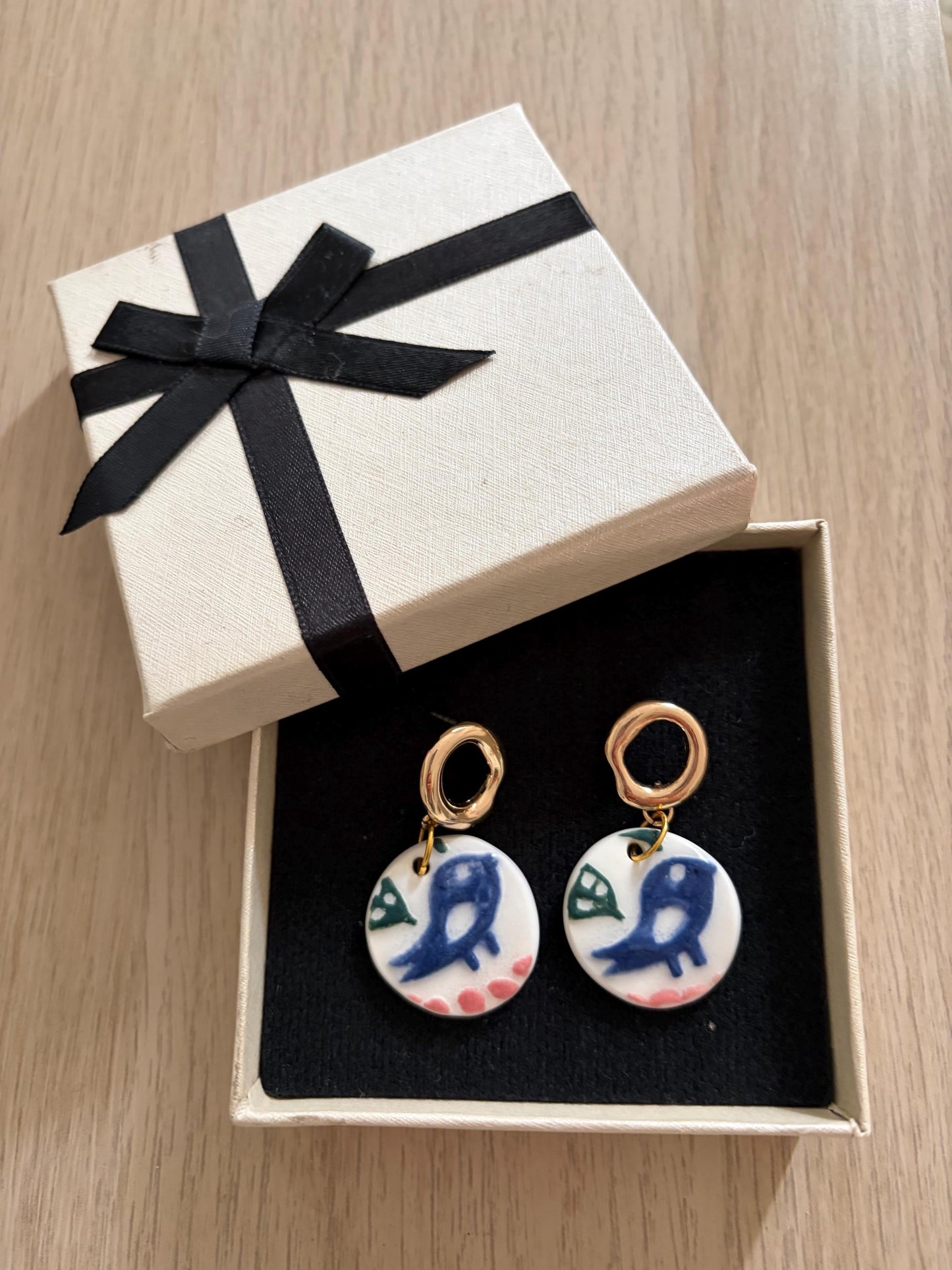 Hand Painted Porcelain Bird Earrings, Handmade Ceramic Earrings, Blue Bird Jewelry