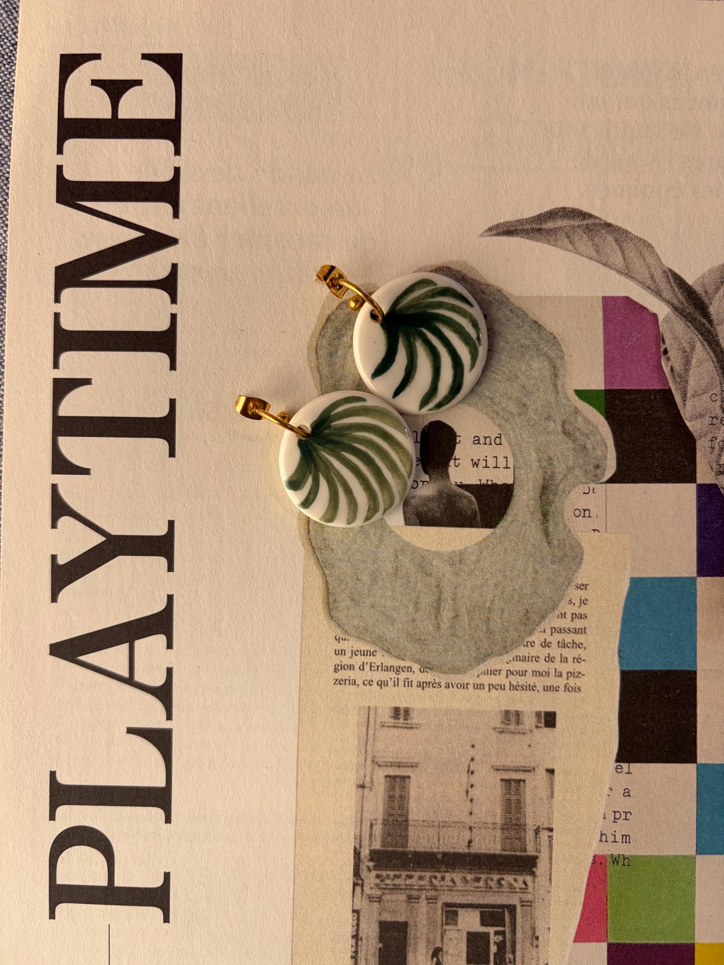 Handmade Porcelain Earrings – Green Palm Leaf Earrings, Botanical Ceramic Jewelry