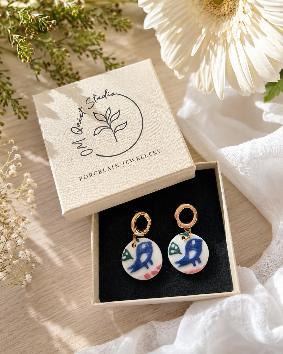 Handmade Porcelain Bird Earrings | Hand Painted Ceramic Earrings | Blue Bird Earrings