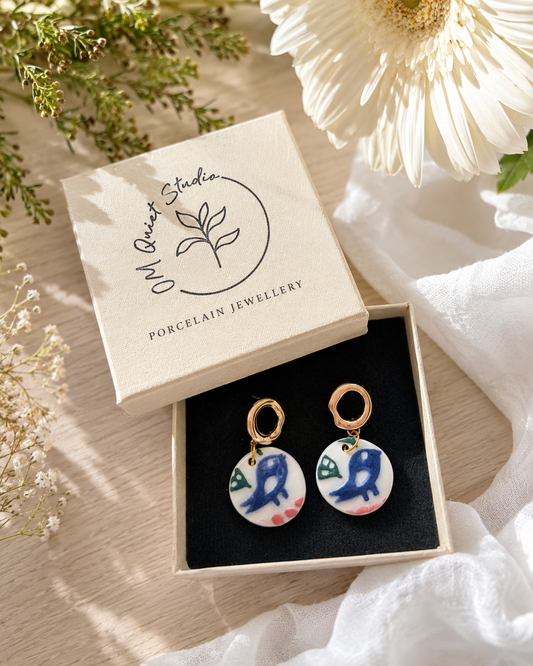 Handmade Porcelain Bird Earrings | Hand Painted Ceramic Earrings | Blue Bird Earrings
