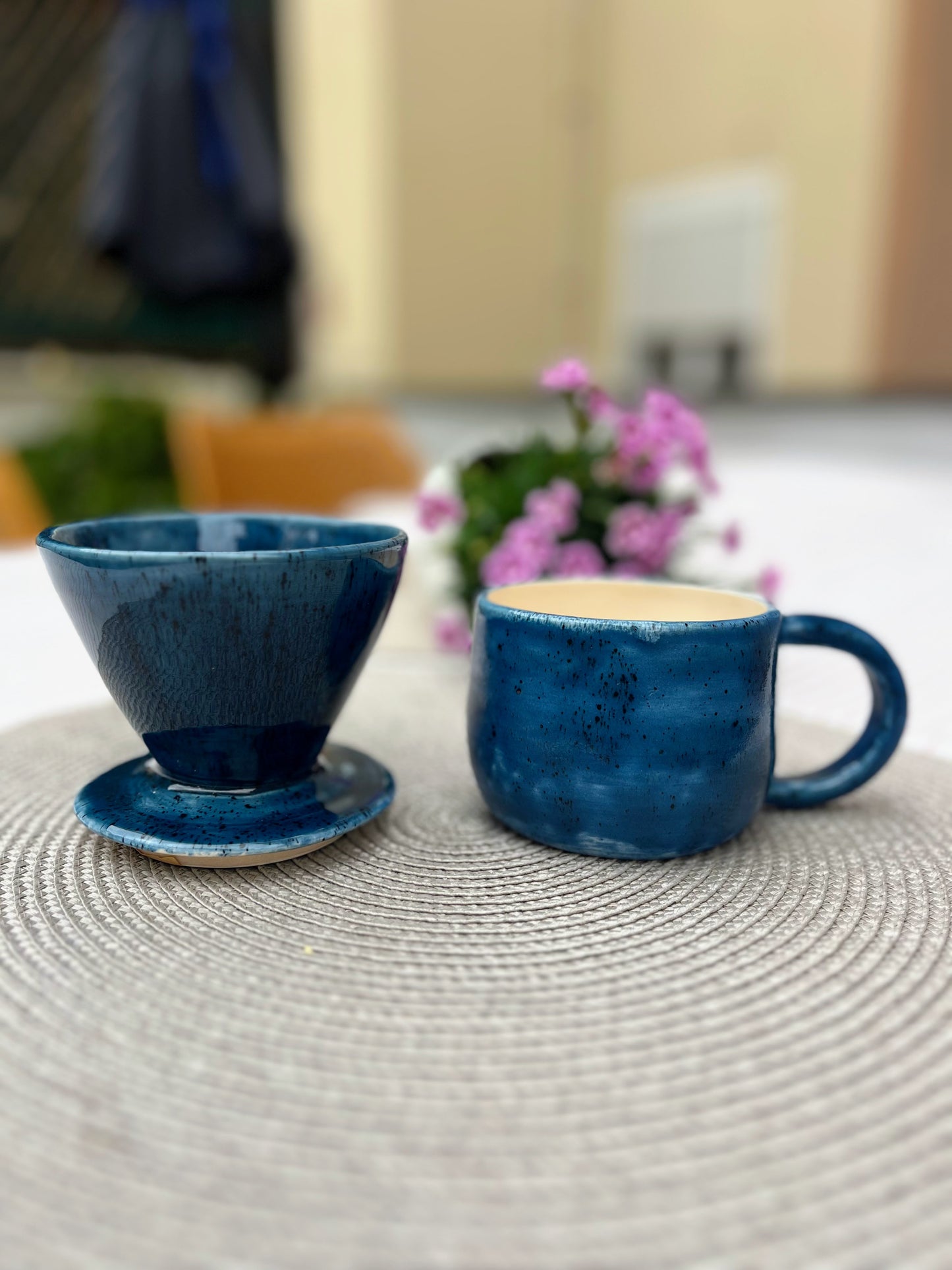 Handmade Ceramic Pour Over Coffee Dripper & Mug Set | Blue Pottery Brewer