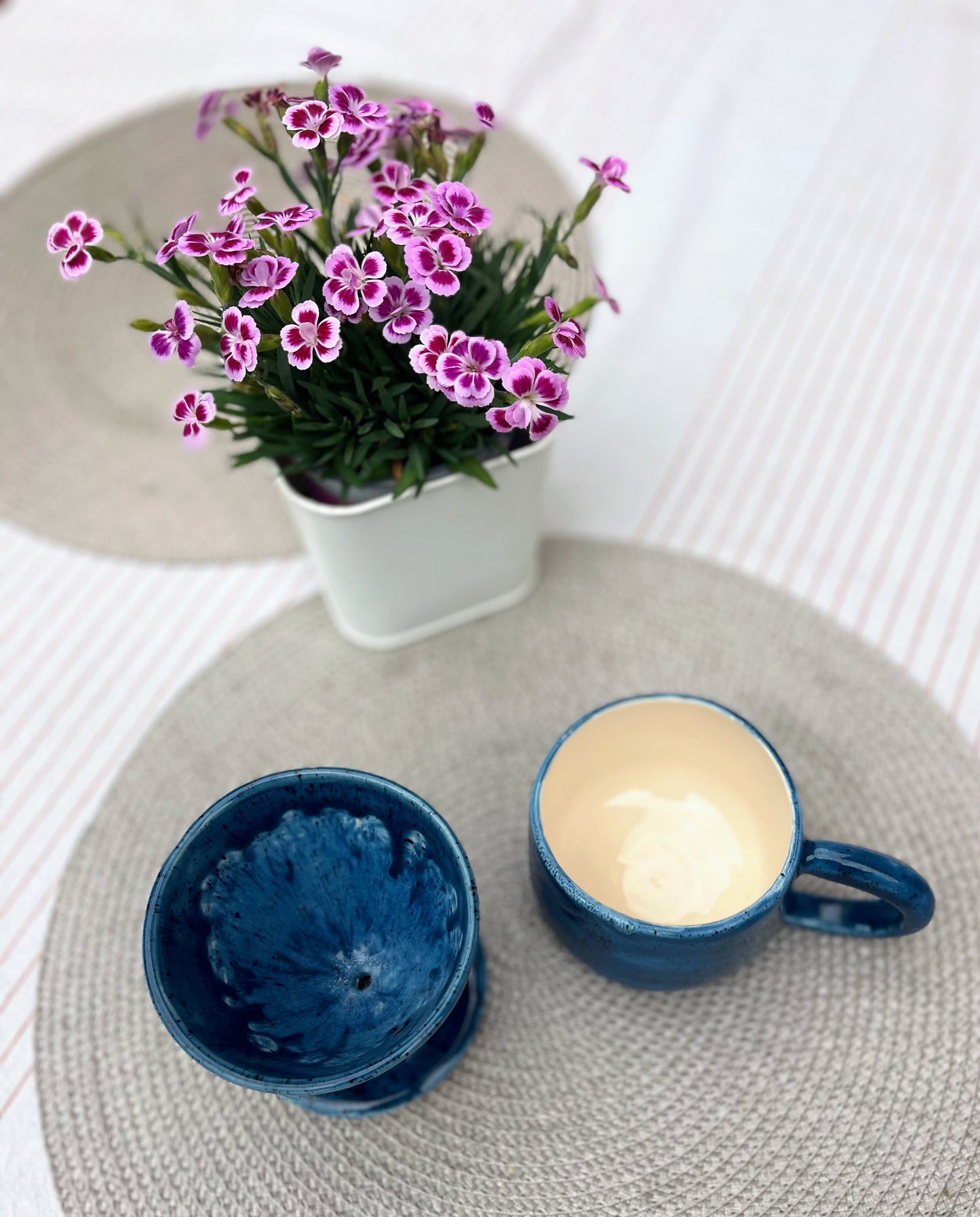 Handmade Ceramic Pour Over Coffee Dripper & Mug Set | Blue Pottery Brewer