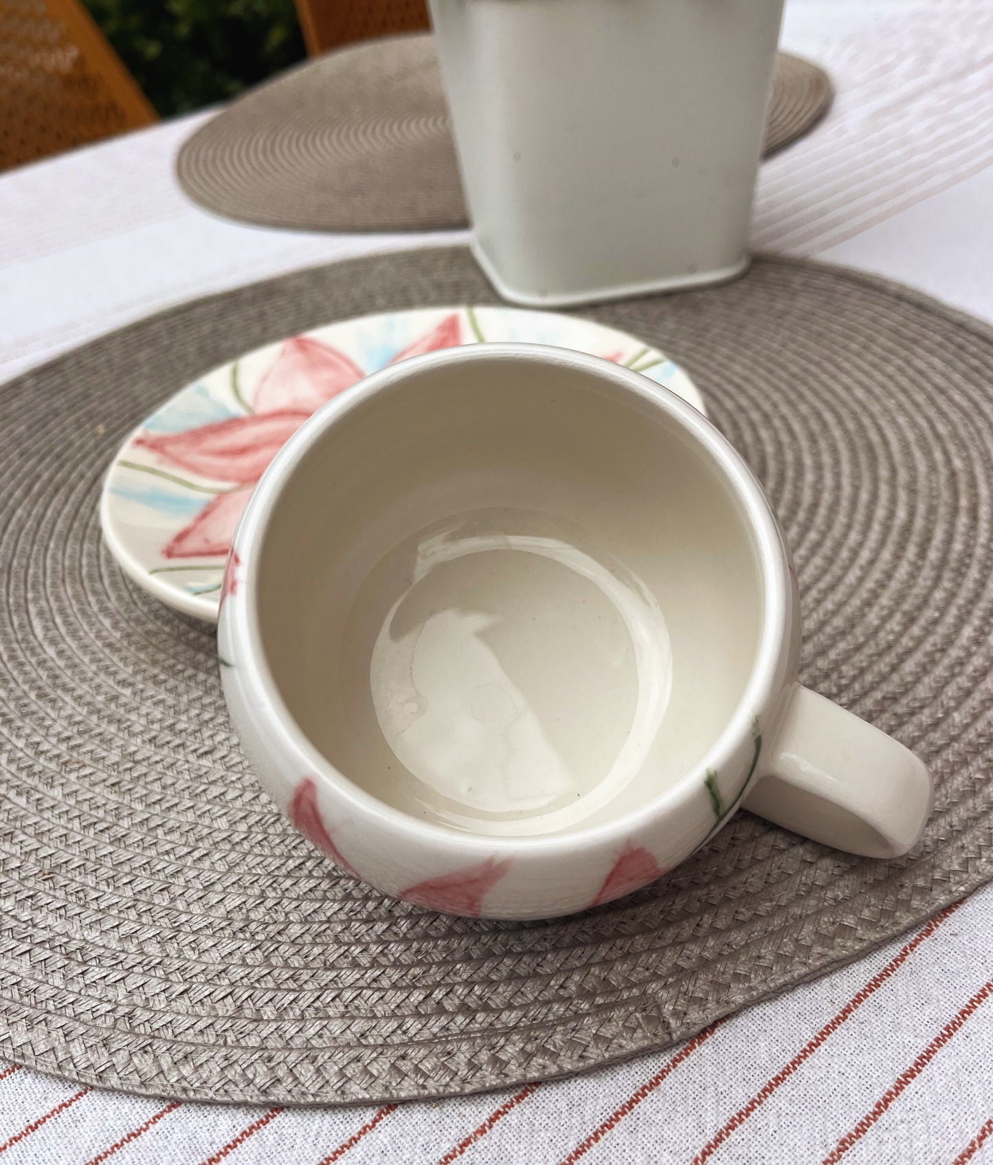 Hand-Painted Ceramic Cup and Saucer Set with Soft Pink Floral Design