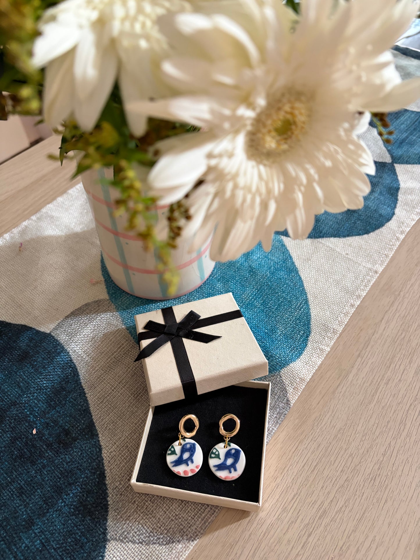 Handmade Porcelain Bird Earrings | Hand Painted Ceramic Earrings | Blue Bird Earrings