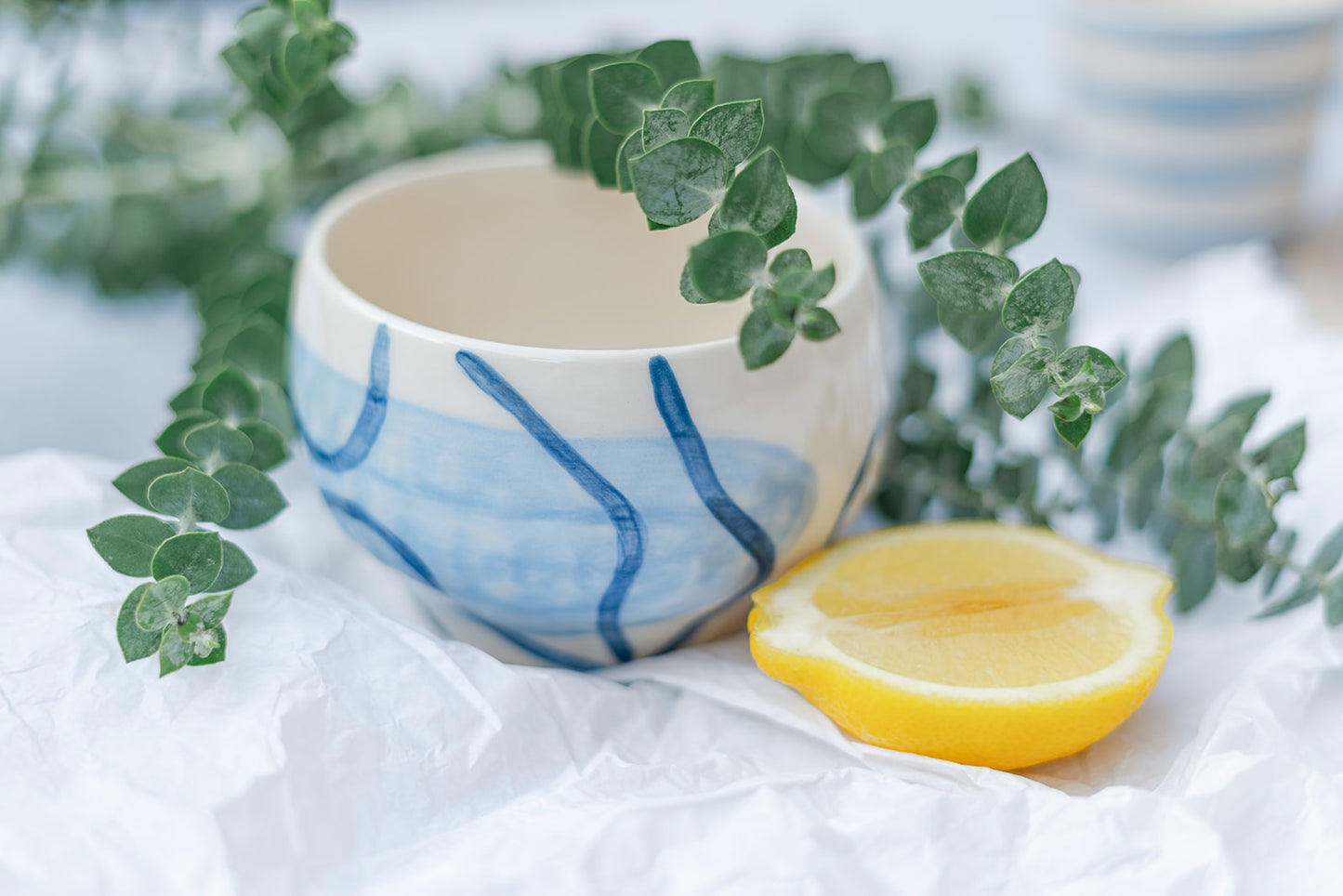 Handmade Ceramic Bowl – Blue Wave Brushstrokes
