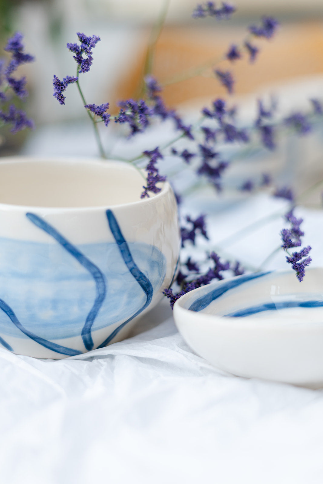 Handmade Ceramic Bowl – Blue Wave Brushstrokes