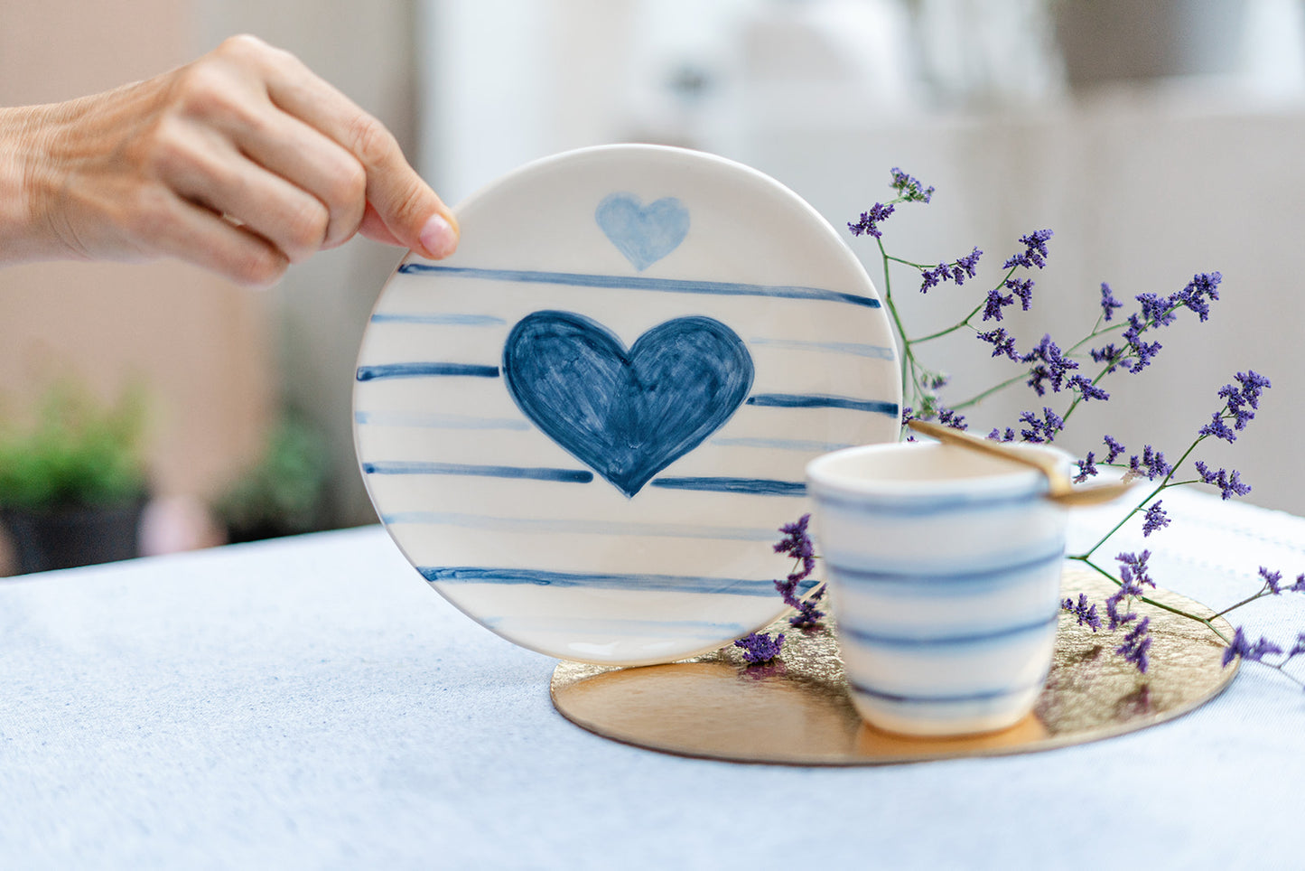Handmade Ceramic Plate – Blue Heart Design