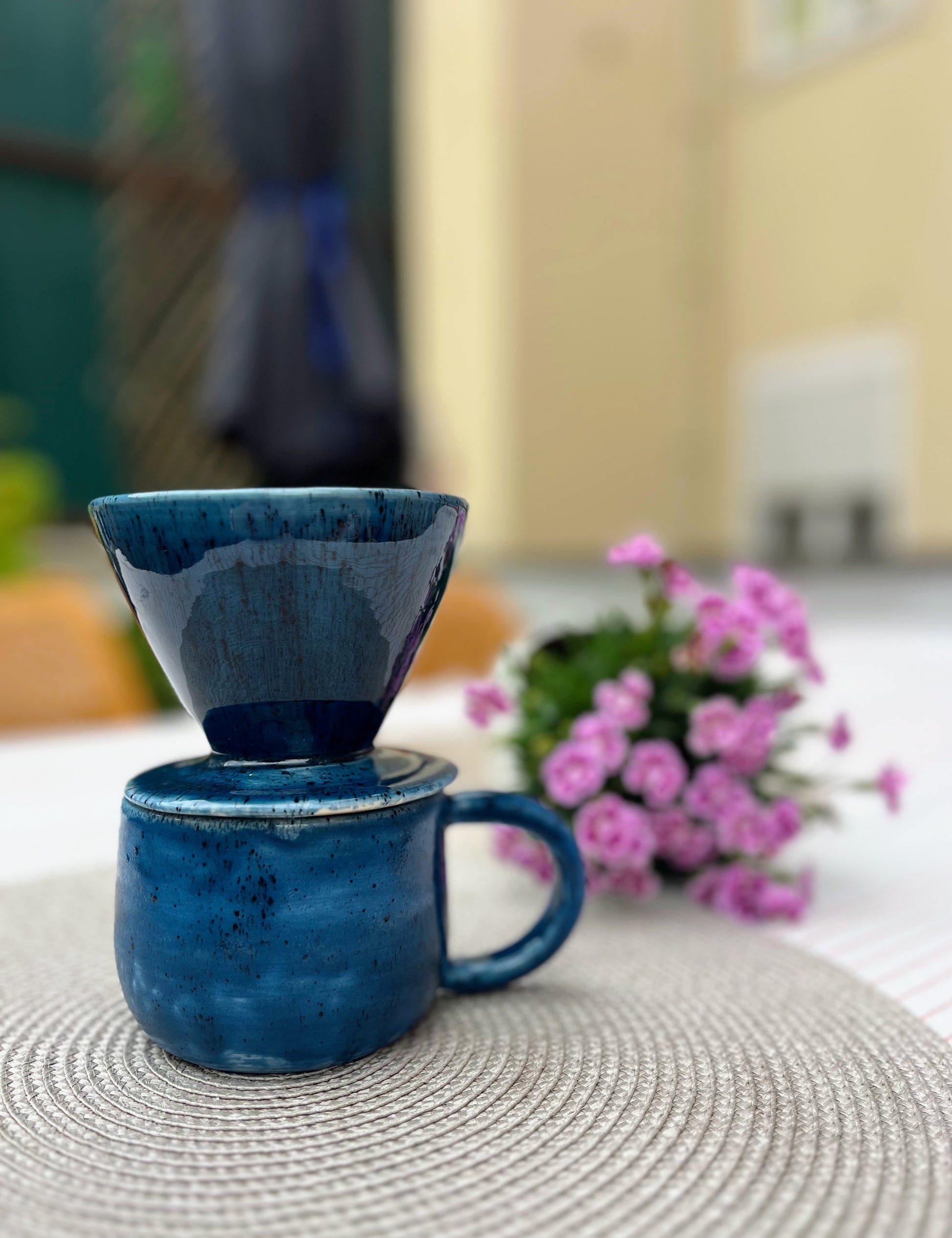 Handmade ceramic pour over coffee set with blue dripper and mug