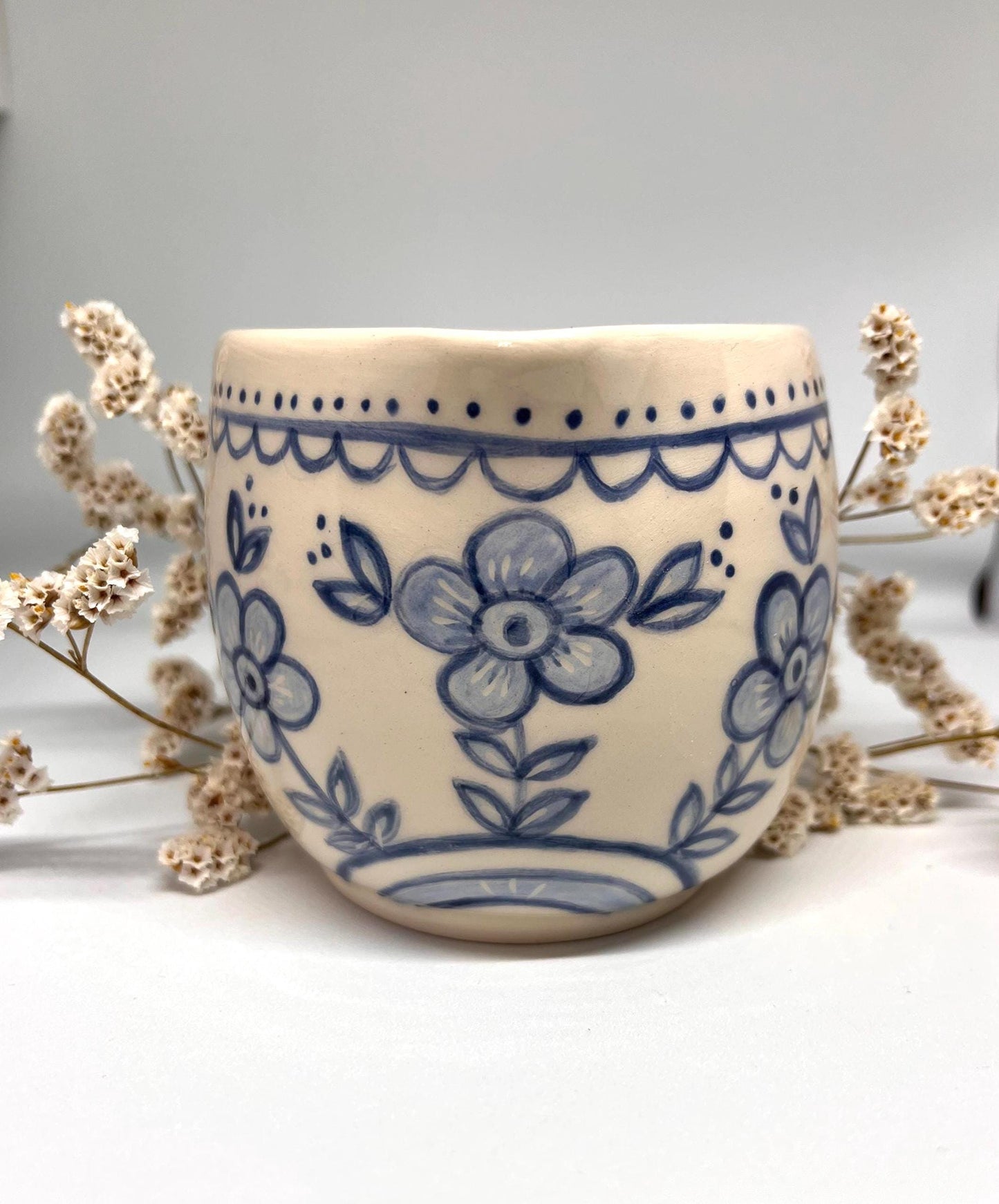 Handmade Ceramic Pouring Bowl – Blue Floral Pattern, Small Creamer, Matcha bowl