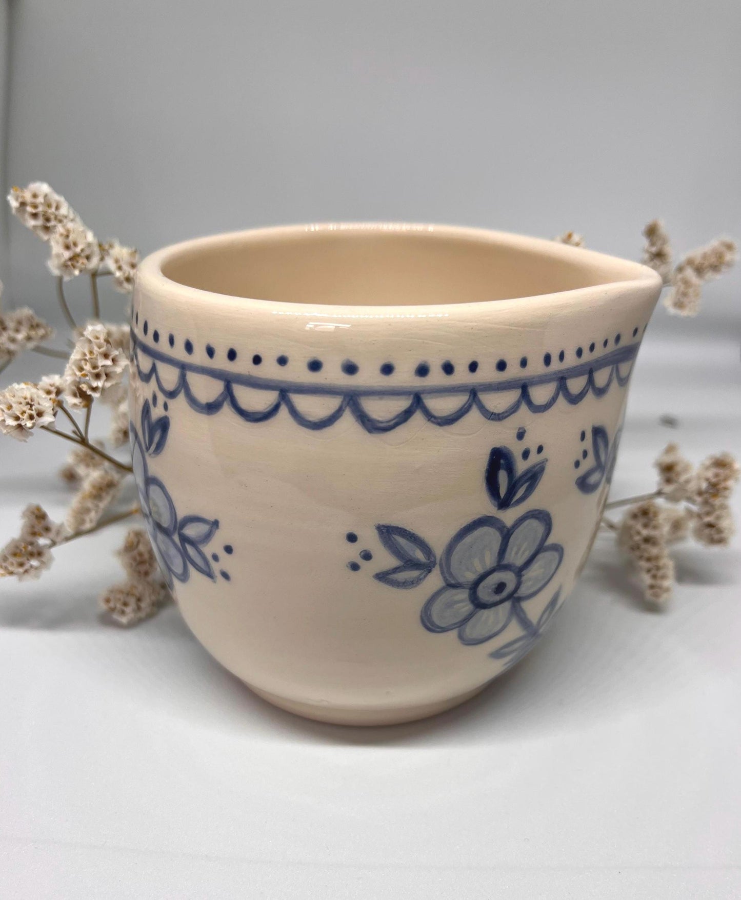 Handmade Ceramic Pouring Bowl – Blue Floral Pattern, Small Creamer, Matcha bowl