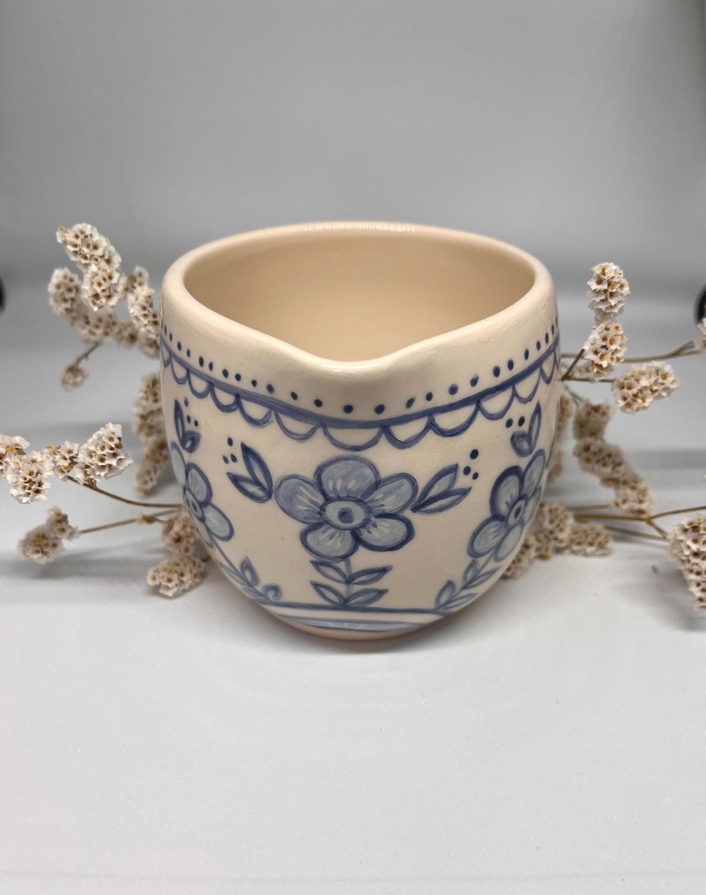 Handmade Ceramic Pouring Bowl – Blue Floral Pattern, Small Creamer, Matcha bowl