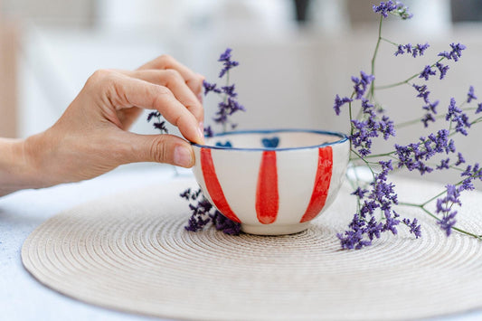 Handmade Ceramic Bowl – Red Stripes & Blue Heart Motifs, Unique Artisan Pottery