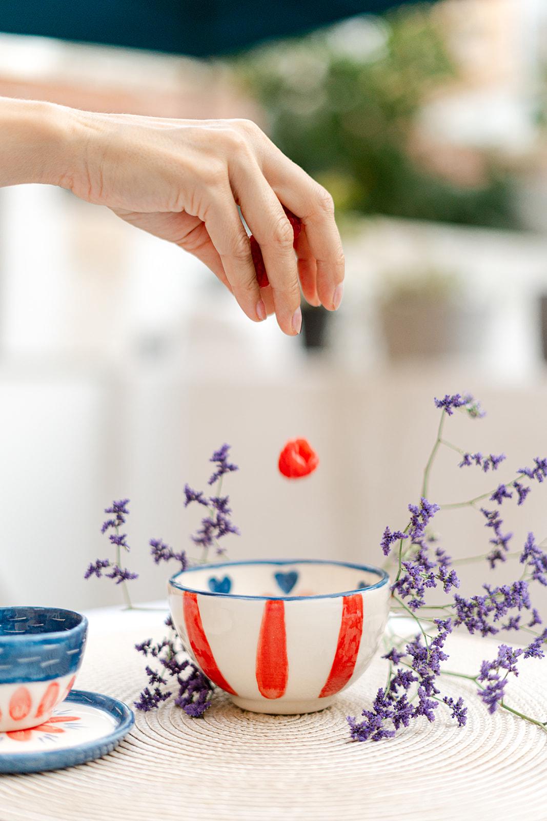 Handmade Ceramic Bowl – Red Stripes & Blue Heart Motifs, Unique Artisan Pottery