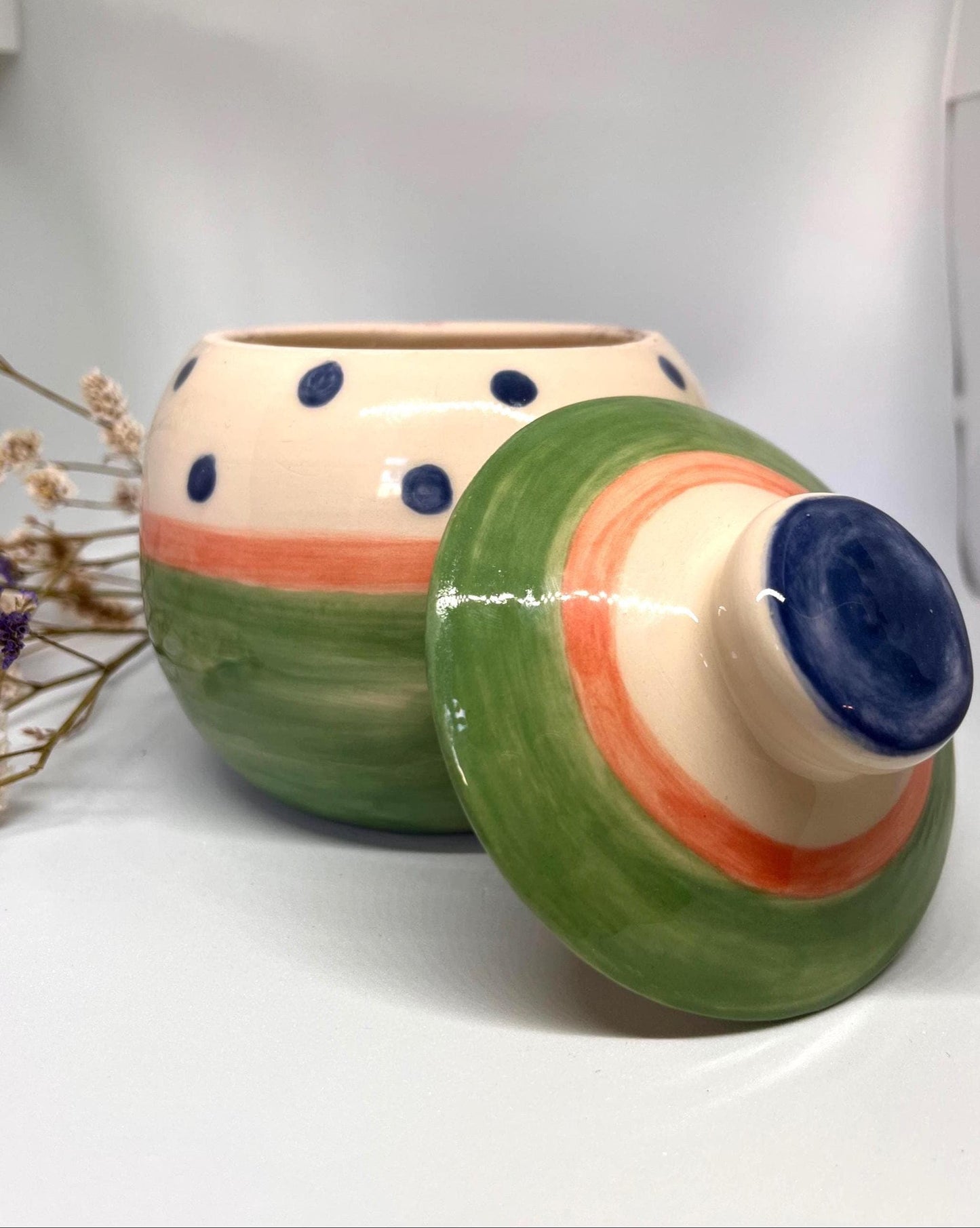 Handmade Ceramic Sugar Bowl – Polka Dot Pottery Jar, Kitchen Storage