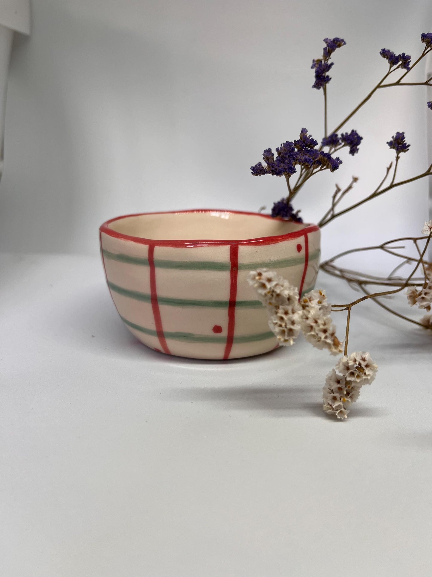 Hand Painted Ceramic Bowl – Striped Pottery Dish with Red Rim, Heart Detail