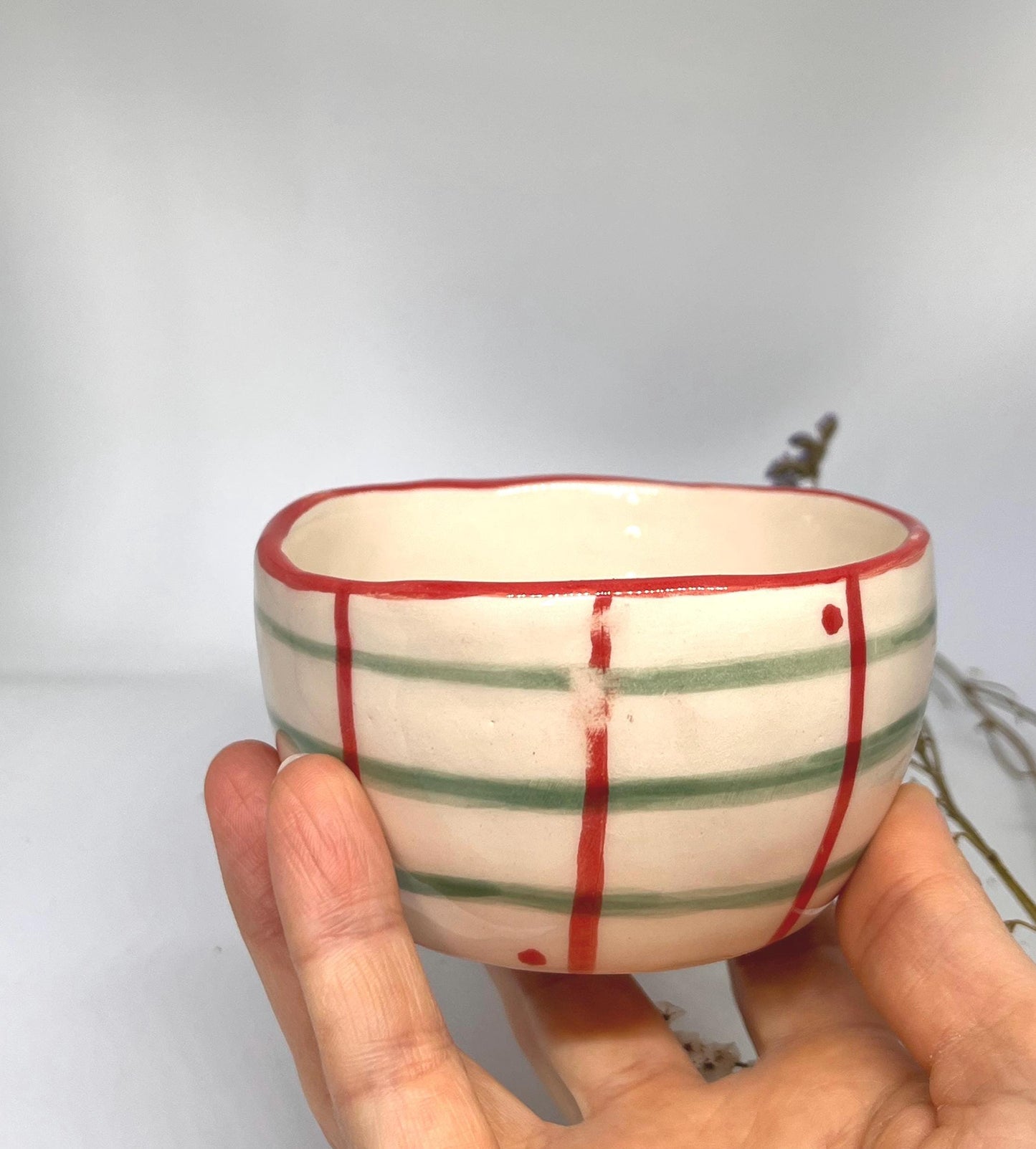 Hand Painted Ceramic Bowl – Striped Pottery Dish with Red Rim, Heart Detail