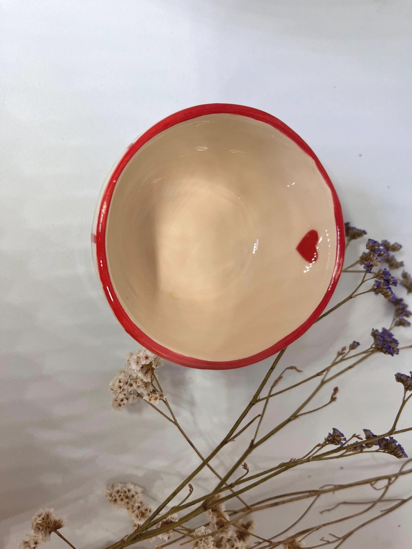 Hand Painted Ceramic Bowl – Striped Pottery Dish with Red Rim, Heart Detail