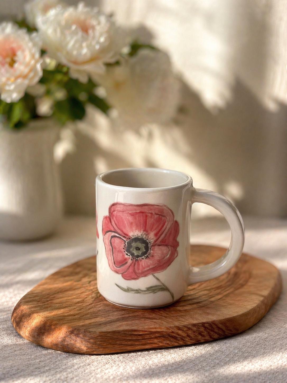 Handmade Ceramic Mug with Flower Design, Poppy Coffee Cup, Tea Cup