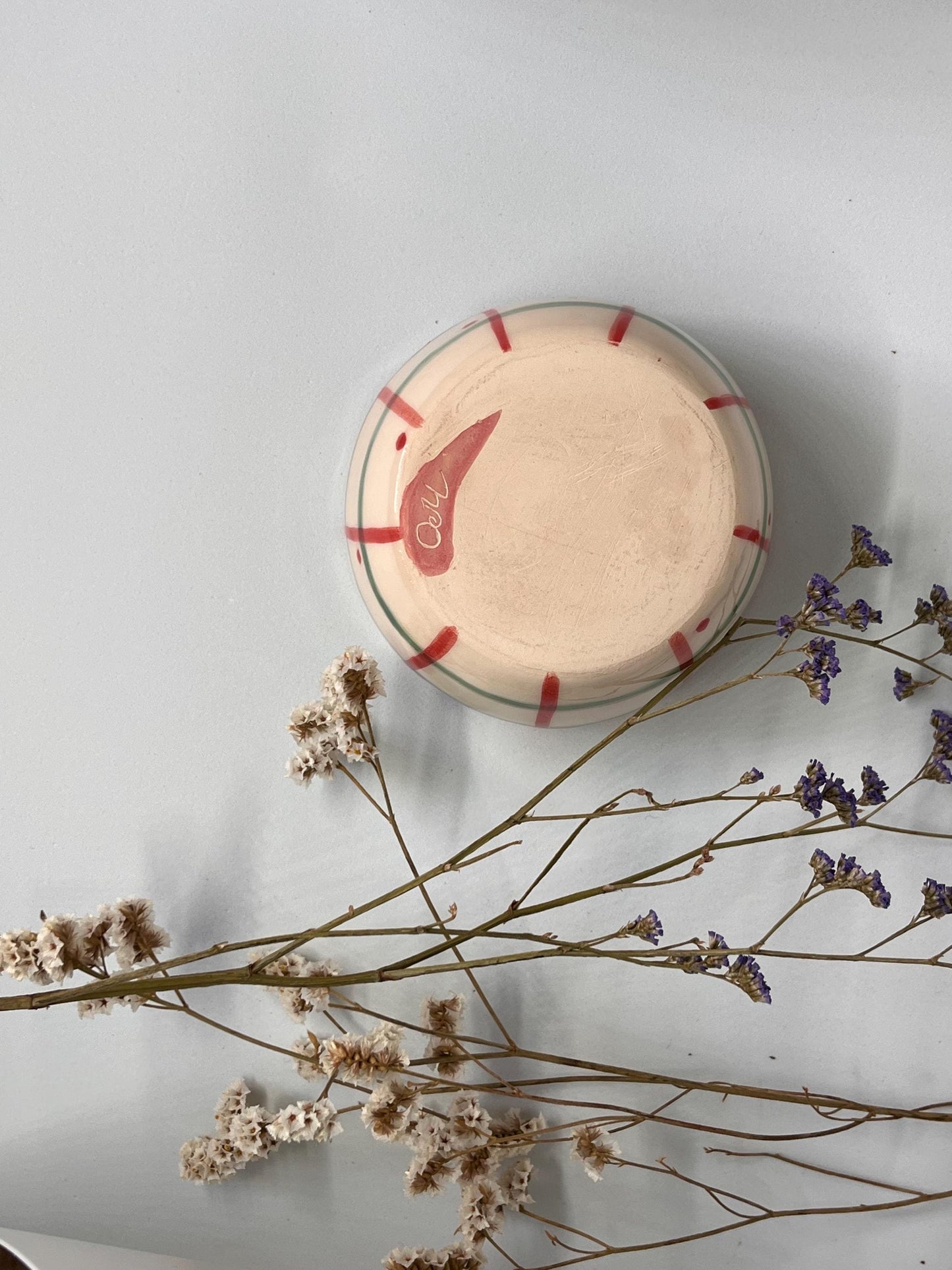 Hand Painted Ceramic Bowl – Striped Pottery Dish with Red Rim, Heart Detail