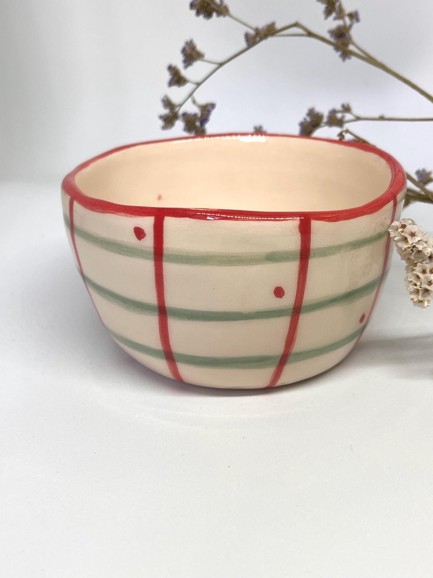 Hand Painted Ceramic Bowl – Striped Pottery Dish with Red Rim, Heart Detail