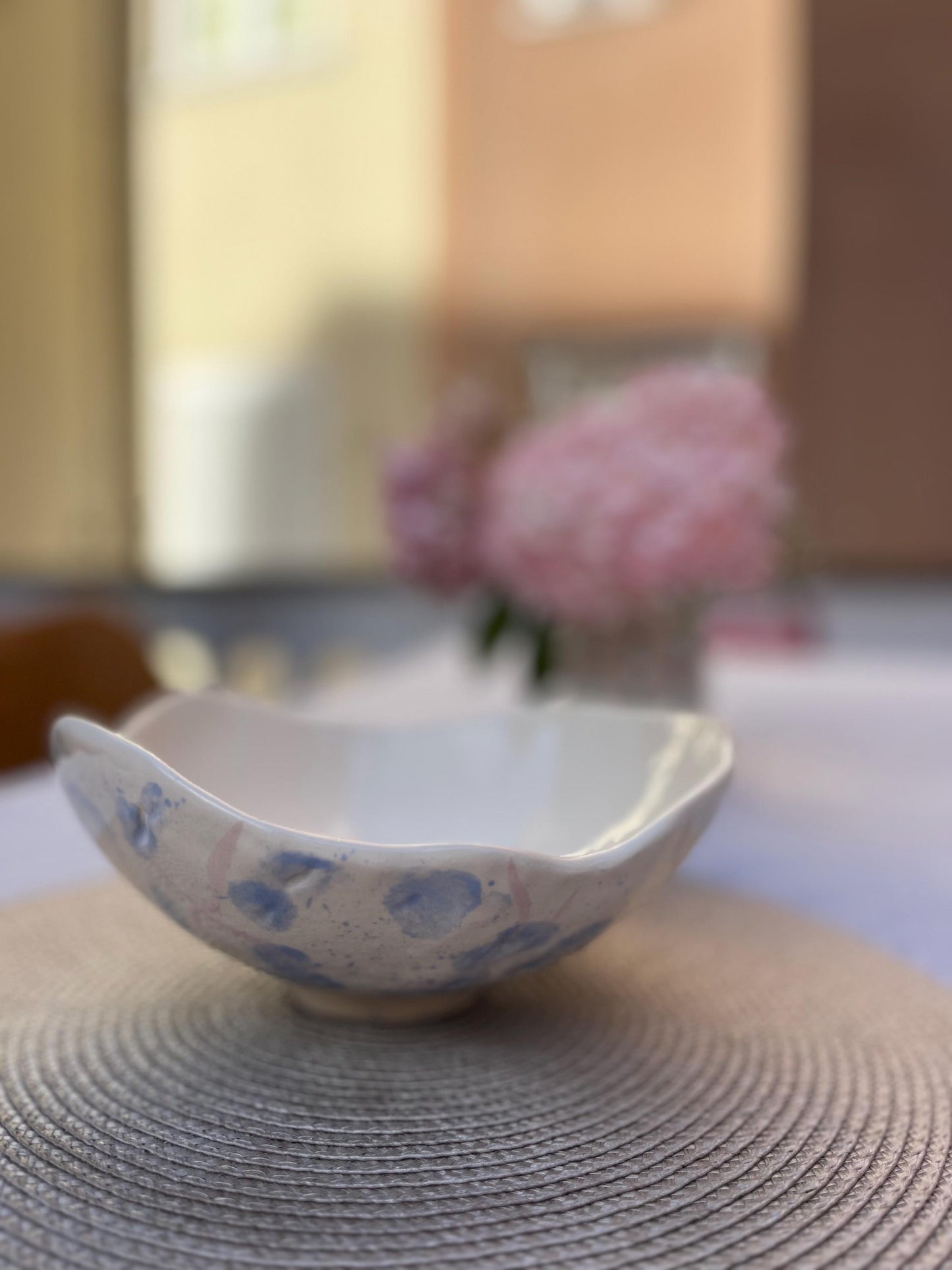 Handmade Ceramic Serving Bowl | White and Blue Floral Wavy Rim Fruit Bowl
