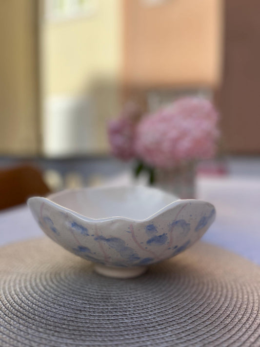 Handmade Ceramic Serving Bowl | White and Blue Floral Wavy Rim Fruit Bowl