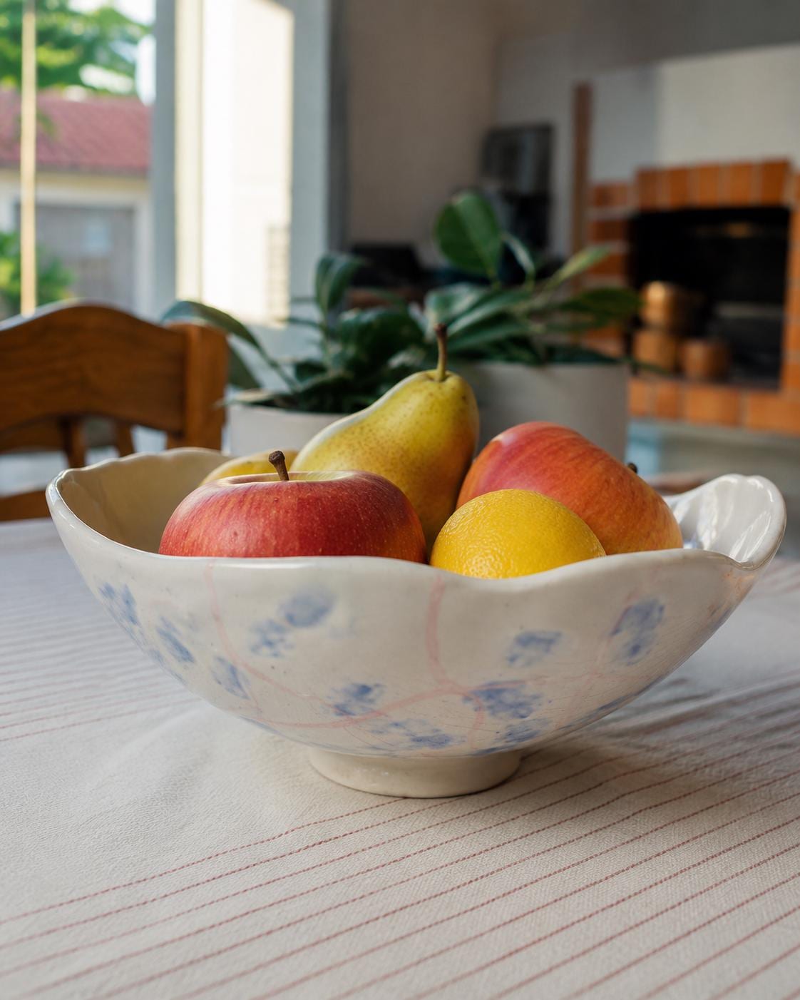 Handmade Ceramic Serving Bowl | White and Blue Floral Wavy Rim Fruit Bowl
