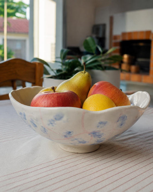 Handmade Ceramic Serving Bowl | White and Blue Floral Wavy Rim Fruit Bowl