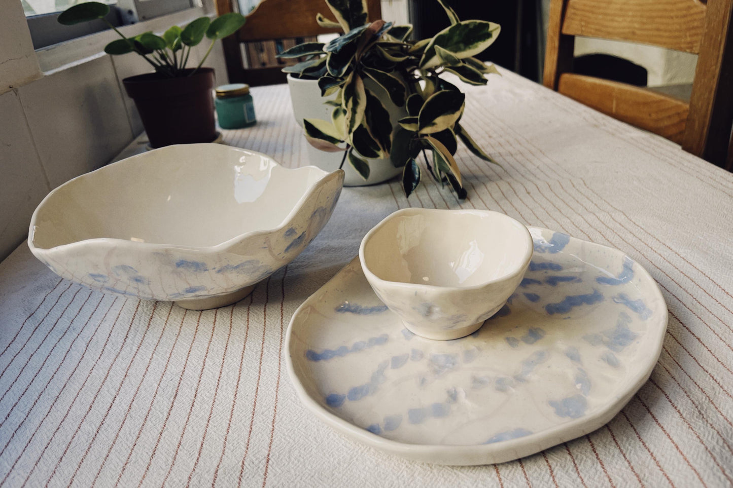 Handmade Stoneware Bowl with Blue Absract Pattern | Organic Pottery Serving Dish