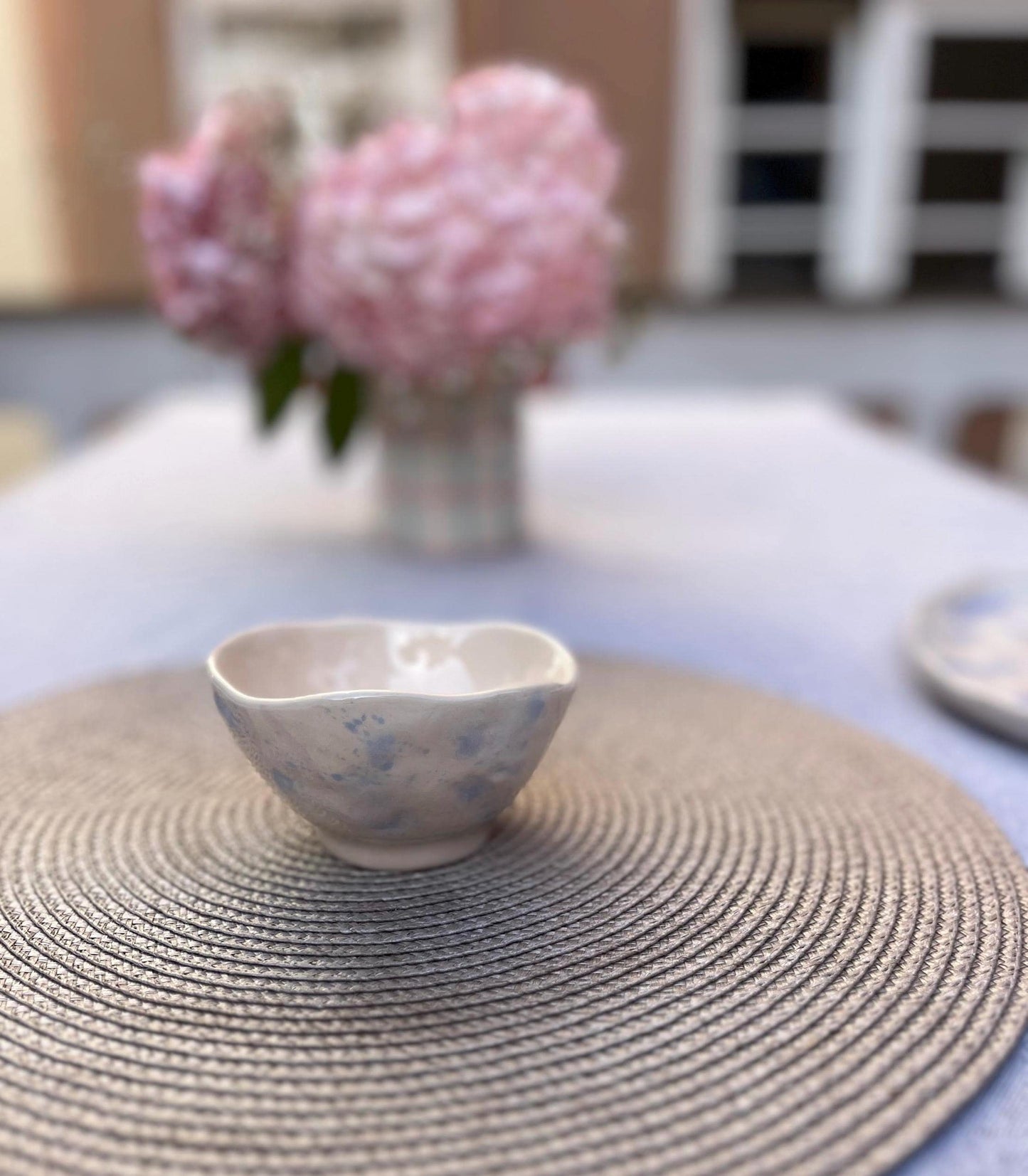 Handmade Stoneware Bowl with Blue Absract Pattern | Organic Pottery Serving Dish