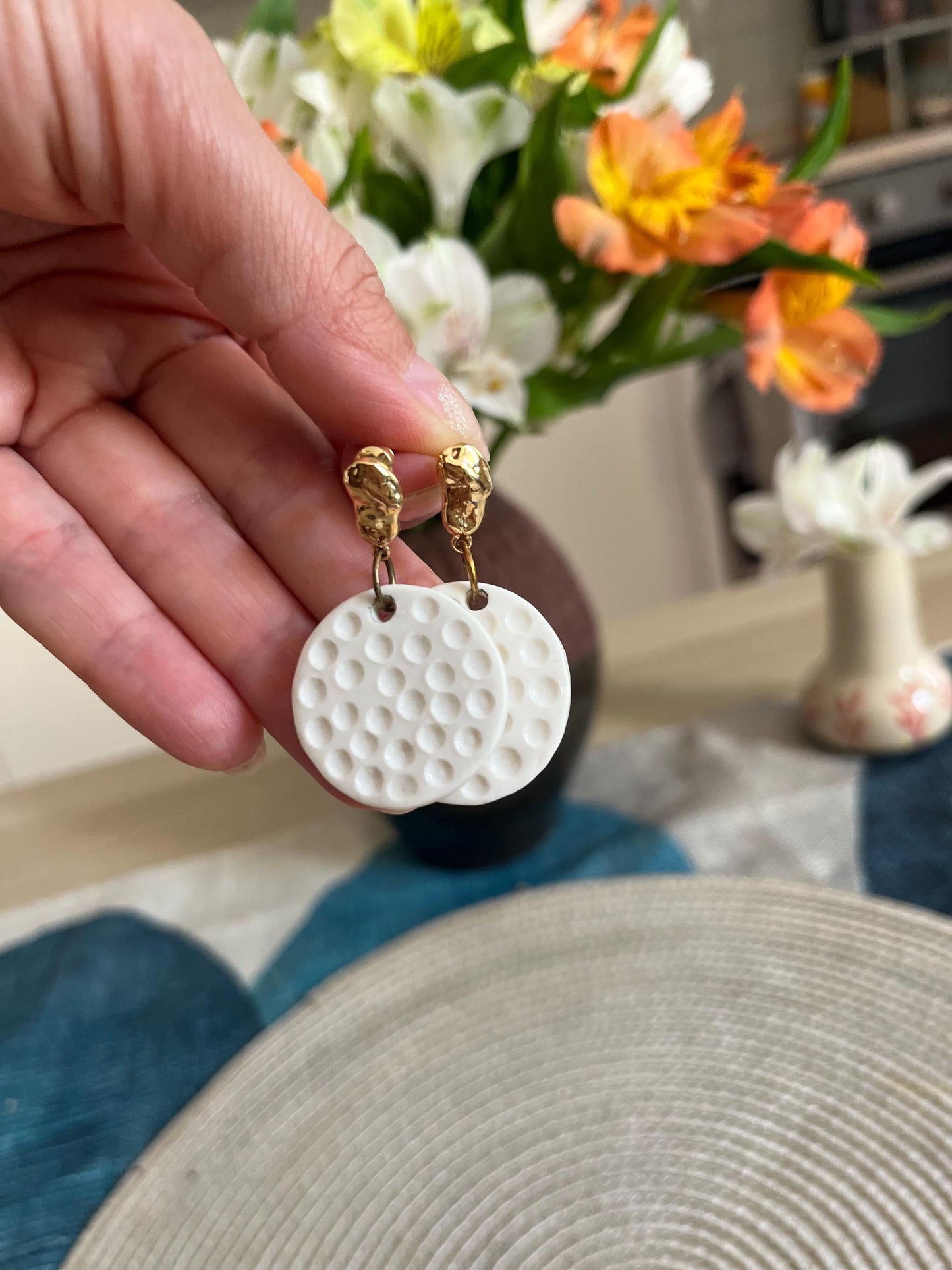 Textured White Porcelain Earrings | Minimalist Brass Statement Jewelry