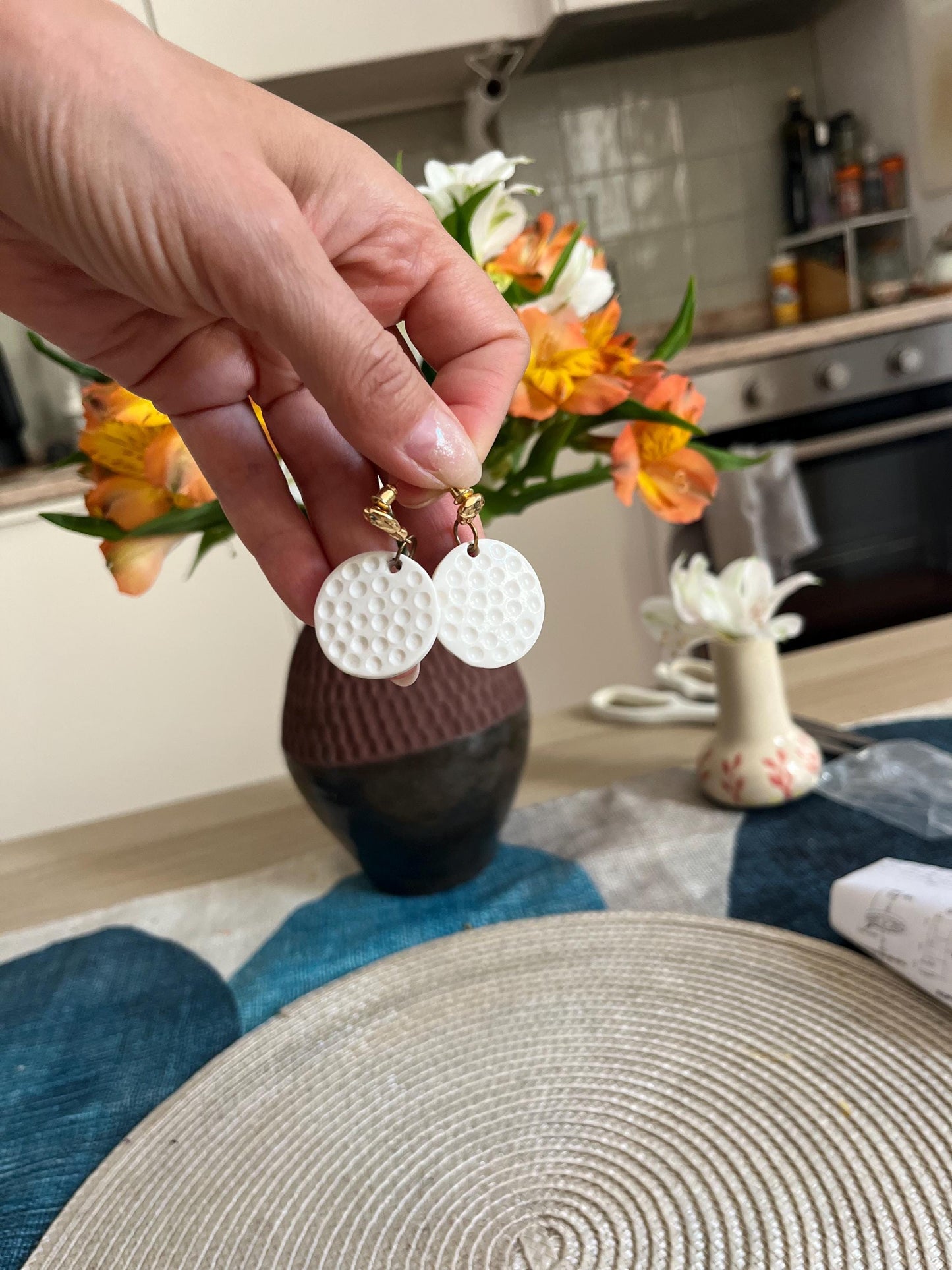 Textured White Porcelain Earrings | Minimalist Brass Statement Jewelry